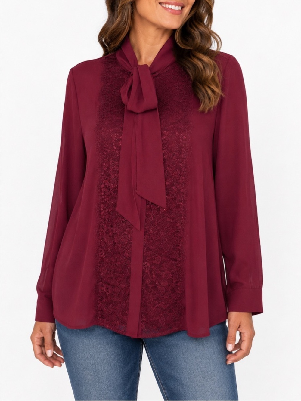 Mossimo red long-sleeve blouse with a tie neck and lace paneling